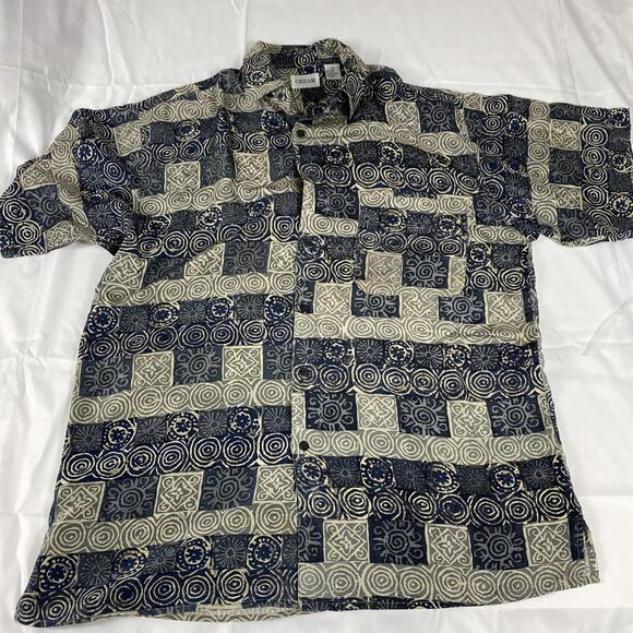 VTG Cezar 100% Silk Bold Geometric Print BUTTON UP SHIRT Large L - Picture 1 of 11